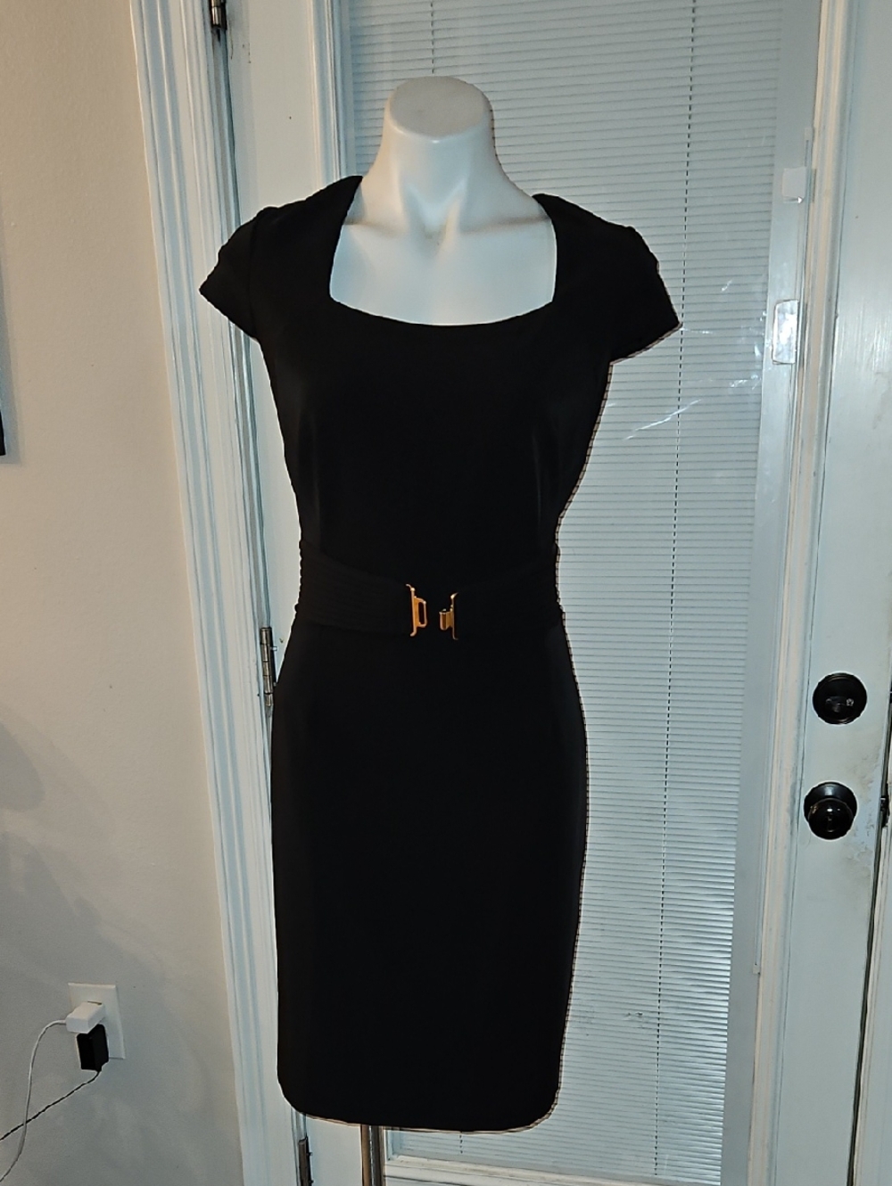 ANTONIO MELANI Black Midi Sheath Dress with Gold-tone Buckle